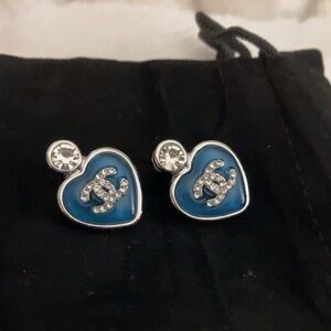 Beautiful CC Stamped Silver and Blue Heart Earrings